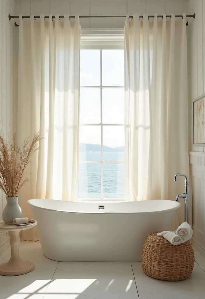 30+ Beach Theme Bathroom Ideas for a Coastal Vibe 18 30+ Beach Theme Bathroom Ideas for a Coastal Vibe - 18. Soft, Breezy Curtains