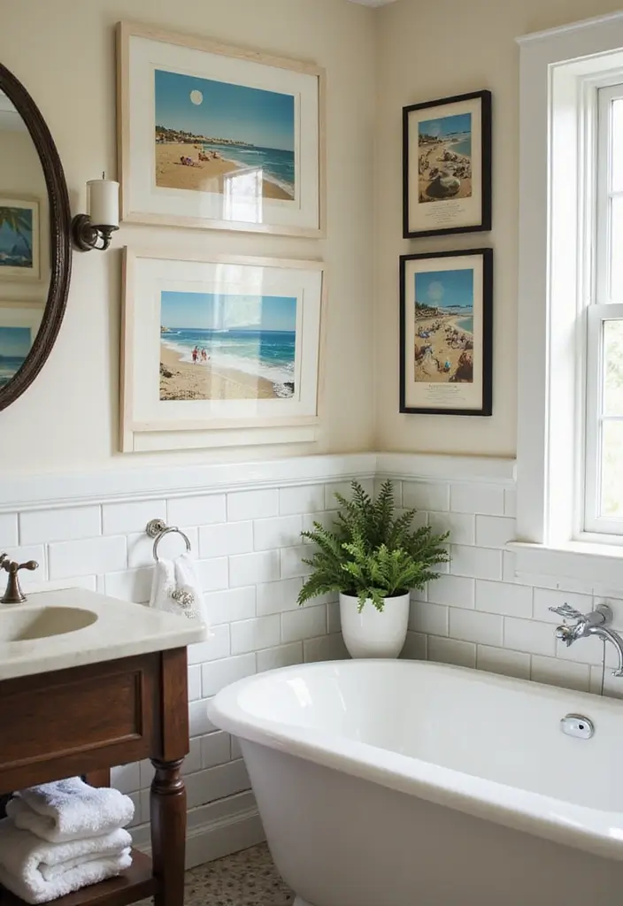 30+ Beach Theme Bathroom Ideas for a Coastal Vibe 21 30+ Beach Theme Bathroom Ideas for a Coastal Vibe - 21. Vintage Beach Prints