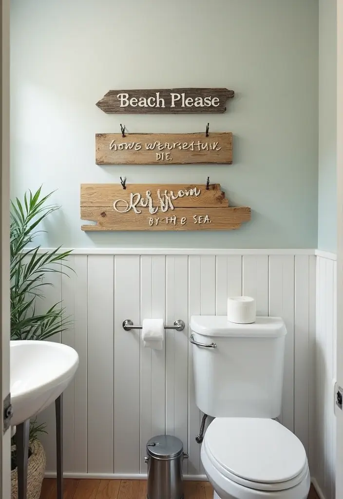 30+ Beach Theme Bathroom Ideas for a Coastal Vibe 25 30+ Beach Theme Bathroom Ideas for a Coastal Vibe - 25. Coastal Bathroom Signs