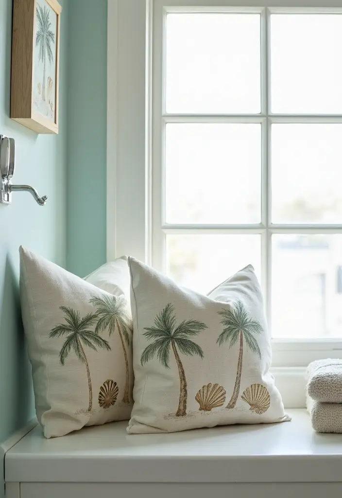 30+ Beach Theme Bathroom Ideas for a Coastal Vibe 27 30+ Beach Theme Bathroom Ideas for a Coastal Vibe - 27. Beachy Throw Pillows