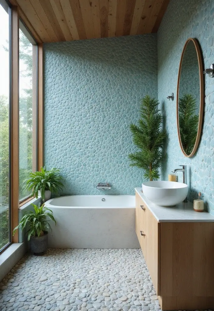 30+ Blue Tile Bathroom Ideas for a Fresh Vibe 11 30+ Blue Tile Bathroom Ideas for a Fresh Vibe - 11. Soft Blue Pebble Tiles