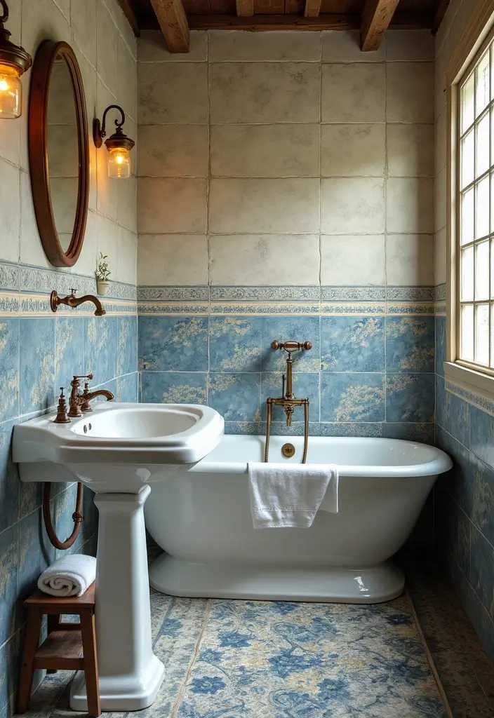 30+ Blue Tile Bathroom Ideas for a Fresh Vibe 12 30+ Blue Tile Bathroom Ideas for a Fresh Vibe - 12. Vintage-Inspired Blue and Cream Tiles