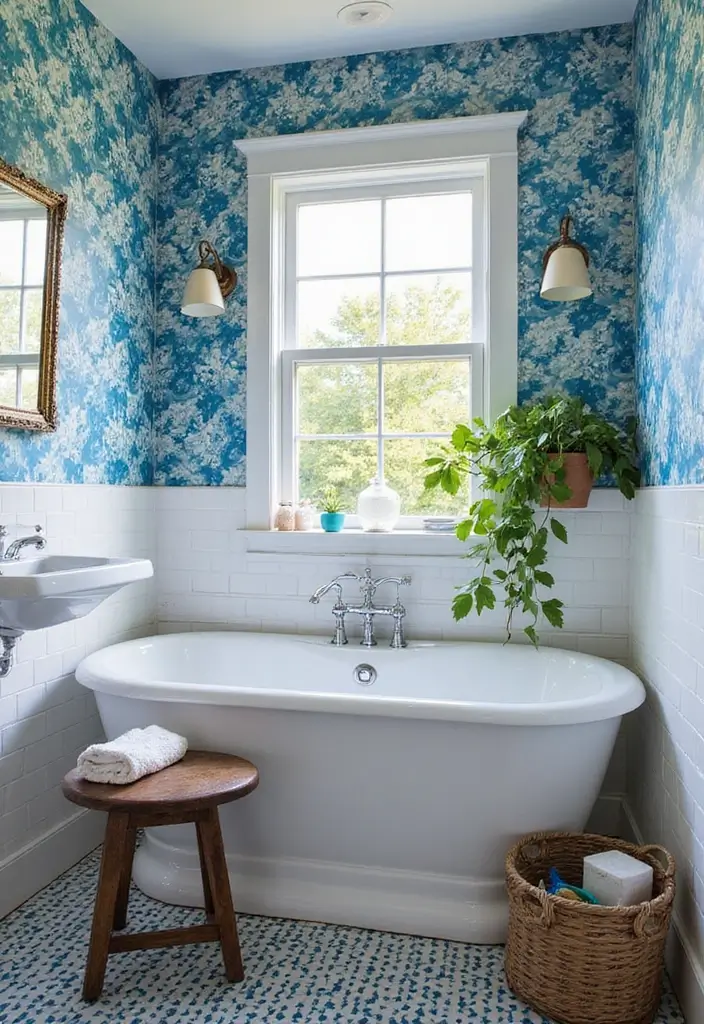 30+ Blue Tile Bathroom Ideas for a Fresh Vibe 13 30+ Blue Tile Bathroom Ideas for a Fresh Vibe - 13. Statement Blue Floral Tiles