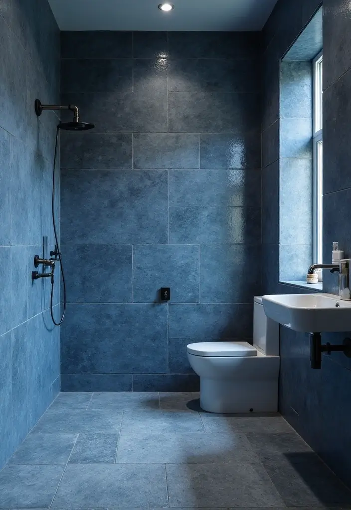 30+ Blue Tile Bathroom Ideas for a Fresh Vibe 14 30+ Blue Tile Bathroom Ideas for a Fresh Vibe - 14. Textured Blue Cladding