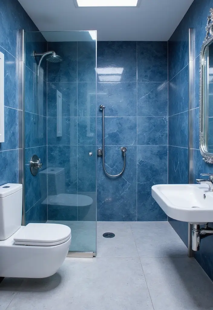 30+ Blue Tile Bathroom Ideas for a Fresh Vibe 15 30+ Blue Tile Bathroom Ideas for a Fresh Vibe - 15. Bold Blue Geometric Tiles