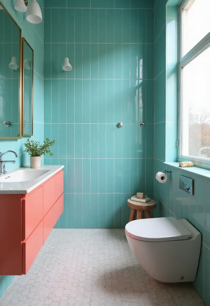 30+ Blue Tile Bathroom Ideas for a Fresh Vibe 17 30+ Blue Tile Bathroom Ideas for a Fresh Vibe - 17. Turquoise and Coral Combination