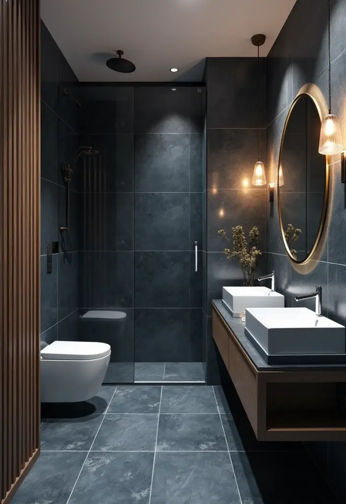 30+ Blue Tile Bathroom Ideas for a Fresh Vibe 18 30+ Blue Tile Bathroom Ideas for a Fresh Vibe - 18. Dark Blue Tiles with Light Wood Accents