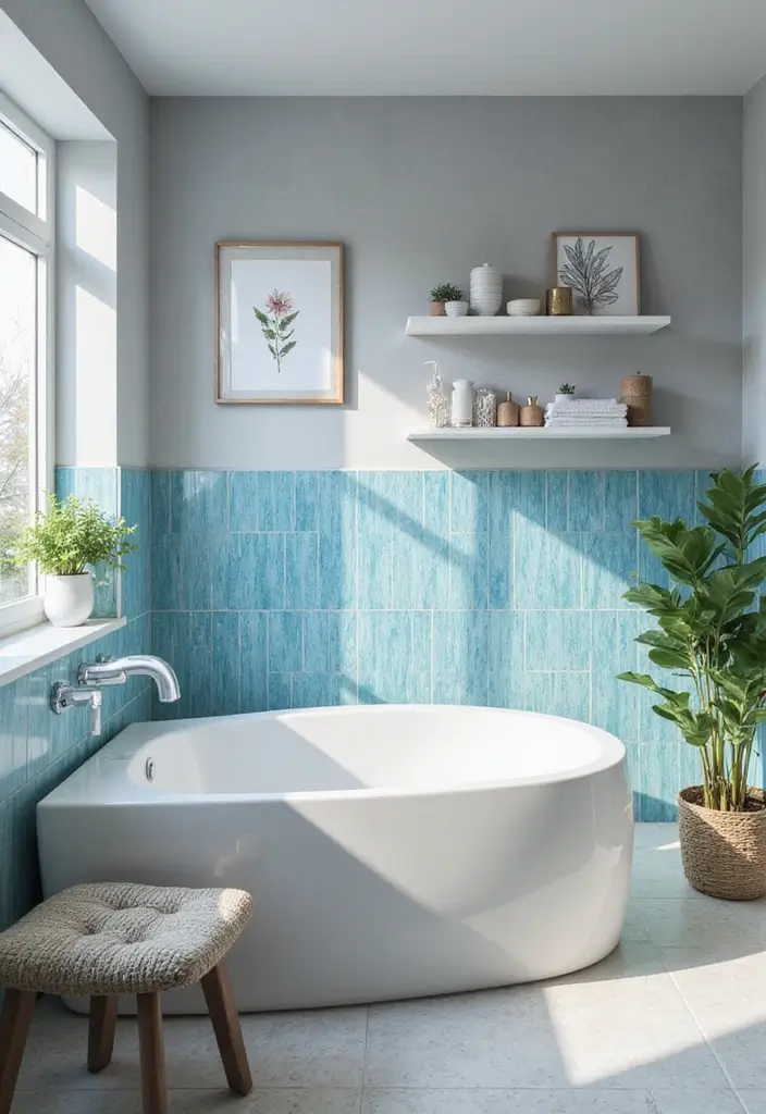 30+ Blue Tile Bathroom Ideas for a Fresh Vibe 19 30+ Blue Tile Bathroom Ideas for a Fresh Vibe - 19. Blue Tile Backsplash with Open Shelving