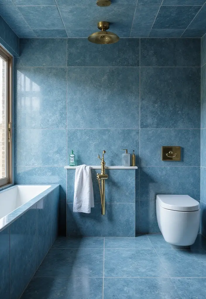 30+ Blue Tile Bathroom Ideas for a Fresh Vibe 20 30+ Blue Tile Bathroom Ideas for a Fresh Vibe - 20. Blue Tiles and Gold Fixtures