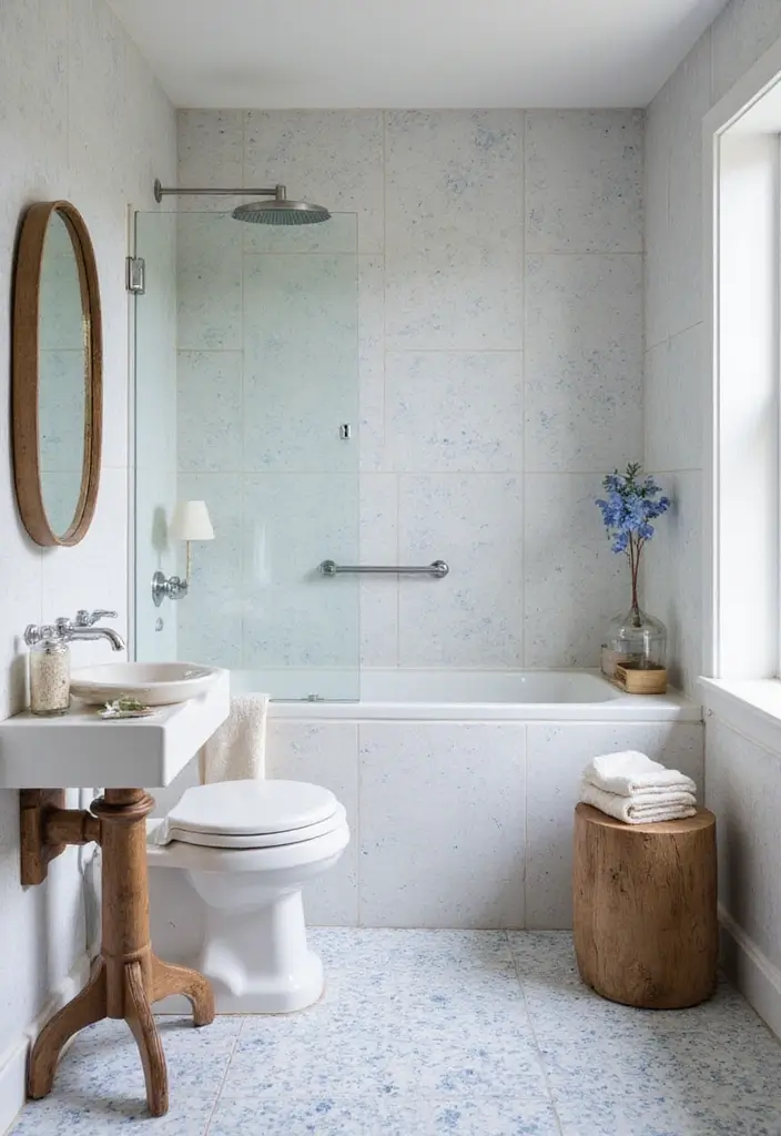 30+ Blue Tile Bathroom Ideas for a Fresh Vibe 21 30+ Blue Tile Bathroom Ideas for a Fresh Vibe - 21. Subtle Blue Patterns on White Tiles