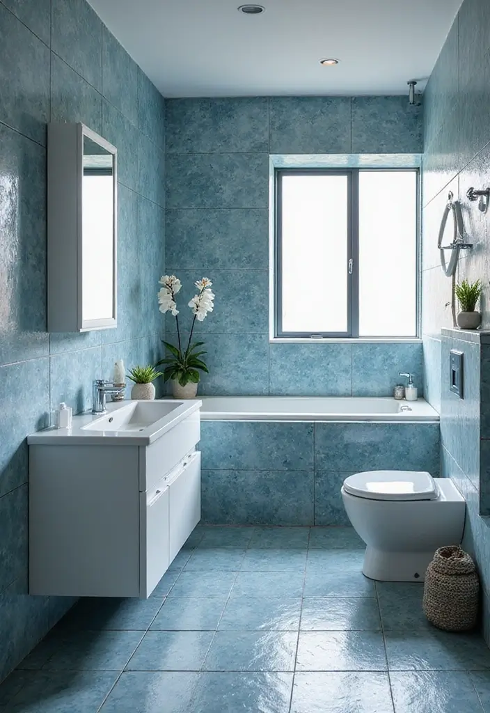30+ Blue Tile Bathroom Ideas for a Fresh Vibe 22 30+ Blue Tile Bathroom Ideas for a Fresh Vibe - 22. Textured Blue and White Tiles