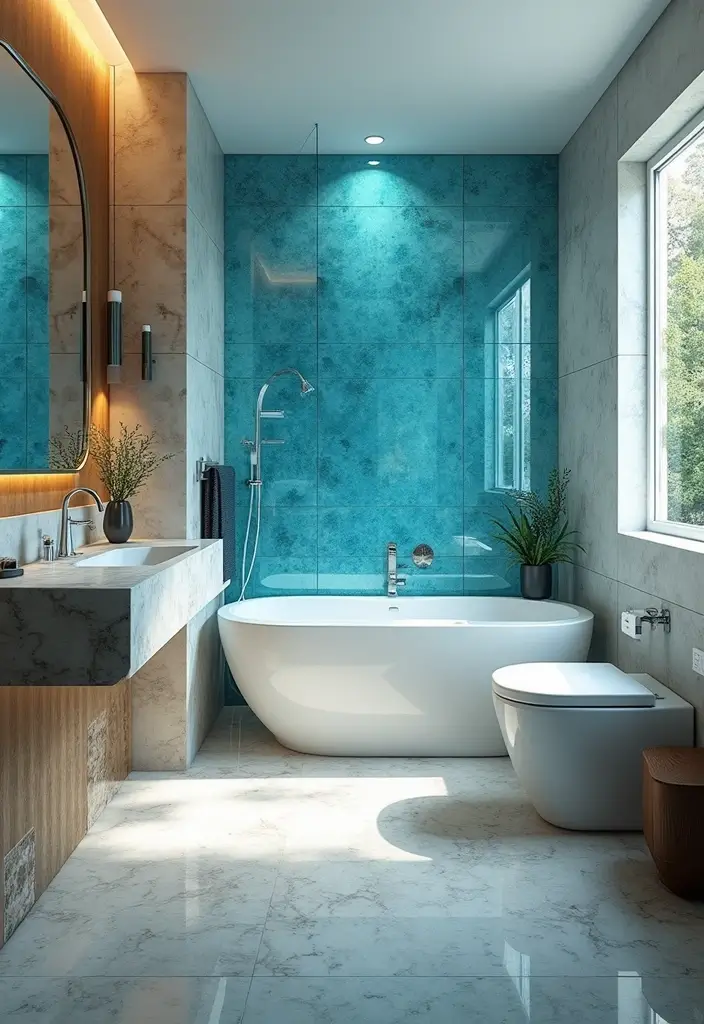 30+ Blue Tile Bathroom Ideas for a Fresh Vibe 25 30+ Blue Tile Bathroom Ideas for a Fresh Vibe - 25. Shimmering Blue Glass Tiles