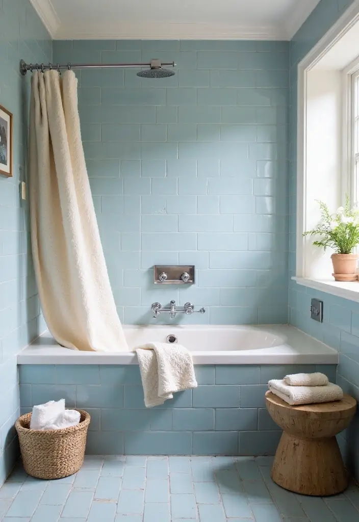 30+ Blue Tile Bathroom Ideas for a Fresh Vibe 26 30+ Blue Tile Bathroom Ideas for a Fresh Vibe - 26. Soft Denim Blue Tiles