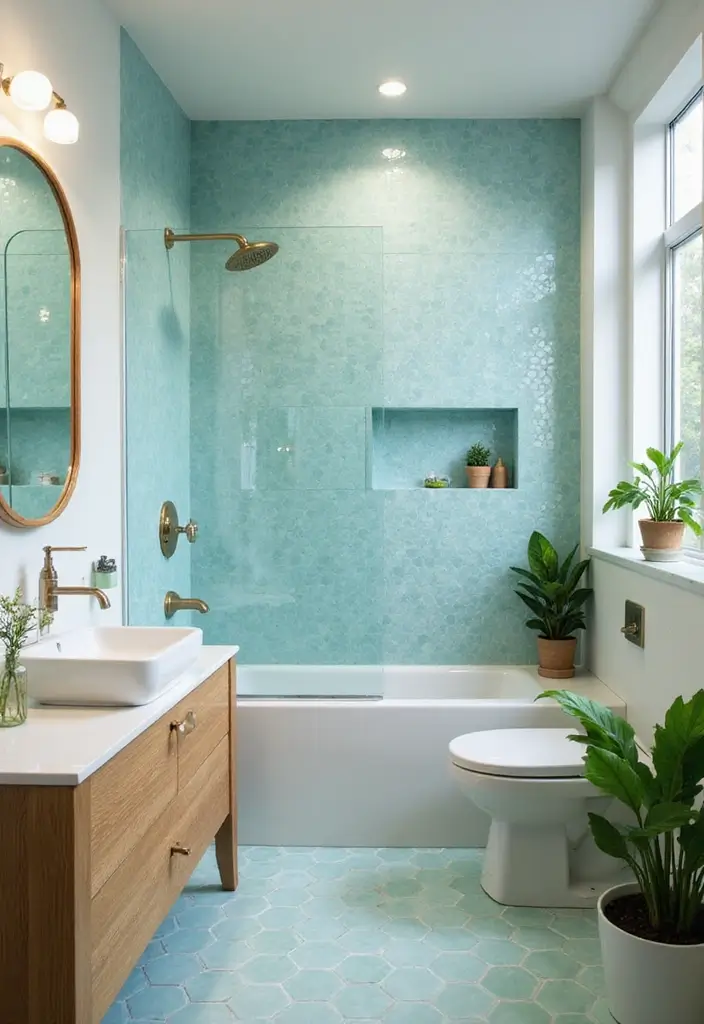 30+ Blue Tile Bathroom Ideas for a Fresh Vibe 3 30+ Blue Tile Bathroom Ideas for a Fresh Vibe - 3. Soft Aqua Hexagon Tiles