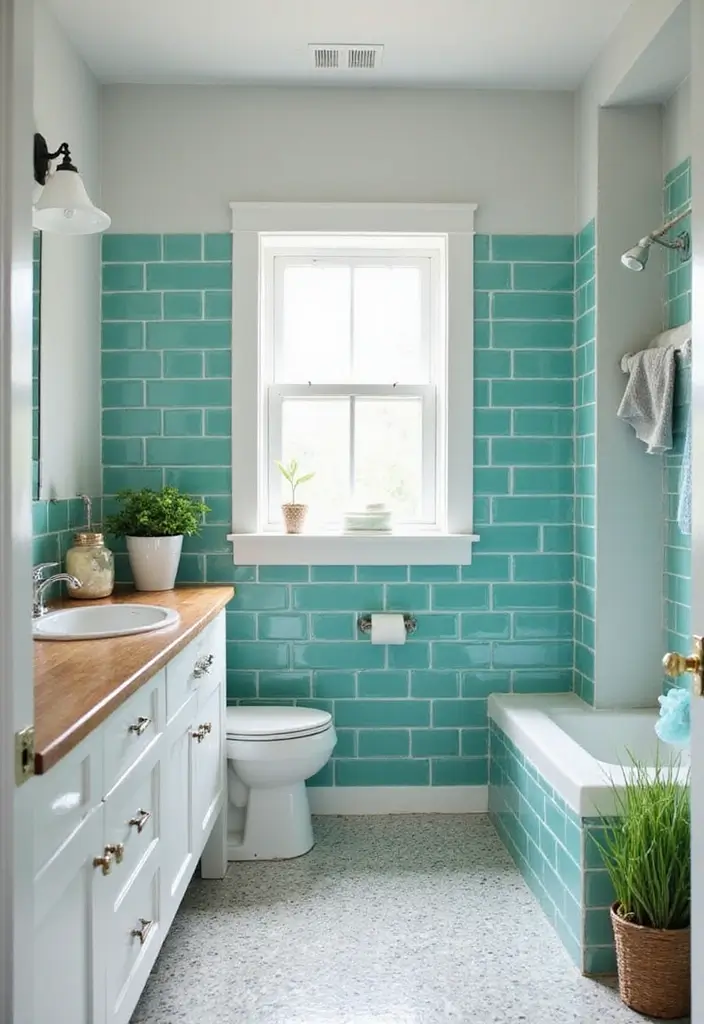 30+ Blue Tile Bathroom Ideas for a Fresh Vibe 6 30+ Blue Tile Bathroom Ideas for a Fresh Vibe - 6. Turquoise Subway Tiles with Glossy Finish