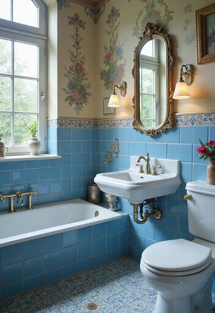 30+ Blue Tile Bathroom Ideas for a Fresh Vibe 8 30+ Blue Tile Bathroom Ideas for a Fresh Vibe - 8. Vintage Blue Tiles with Decorative Borders