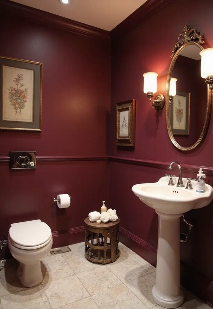 30+ Burgundy Bathroom Ideas That Add Drama 1 30+ Burgundy Bathroom Ideas That Add Drama - 1. Deep Burgundy Wall Paint