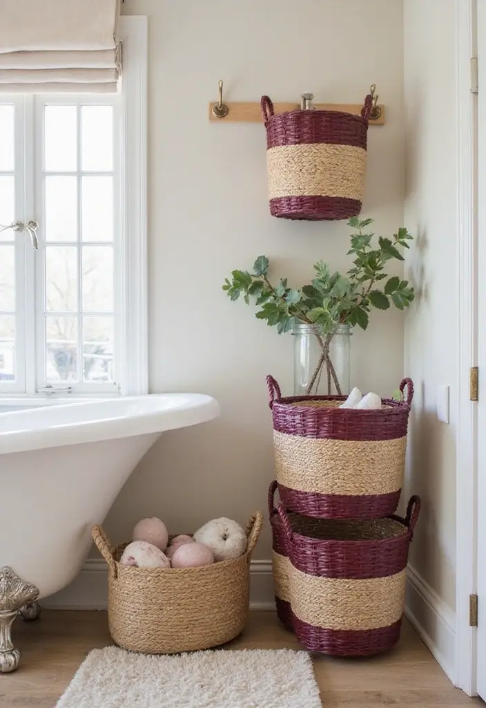 30+ Burgundy Bathroom Ideas That Add Drama 10 30+ Burgundy Bathroom Ideas That Add Drama - 10. Decorative Storage Baskets