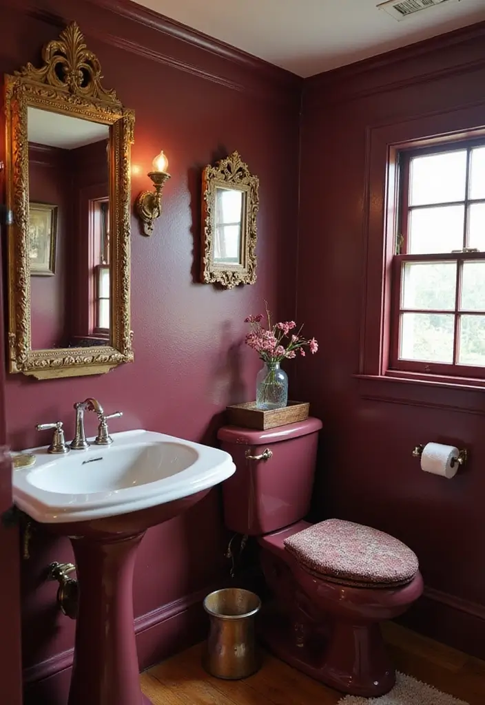 30+ Burgundy Bathroom Ideas That Add Drama 11 30+ Burgundy Bathroom Ideas That Add Drama - 11. Vintage Burgundy Accents