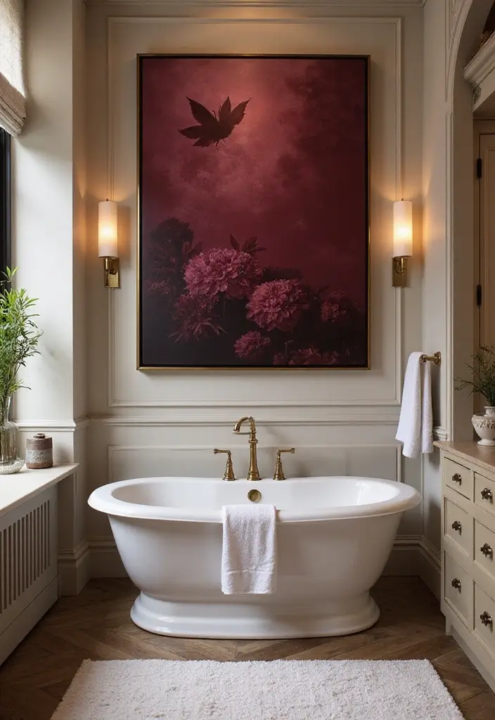 30+ Burgundy Bathroom Ideas That Add Drama 14 30+ Burgundy Bathroom Ideas That Add Drama - 14. Burgundy Artwork