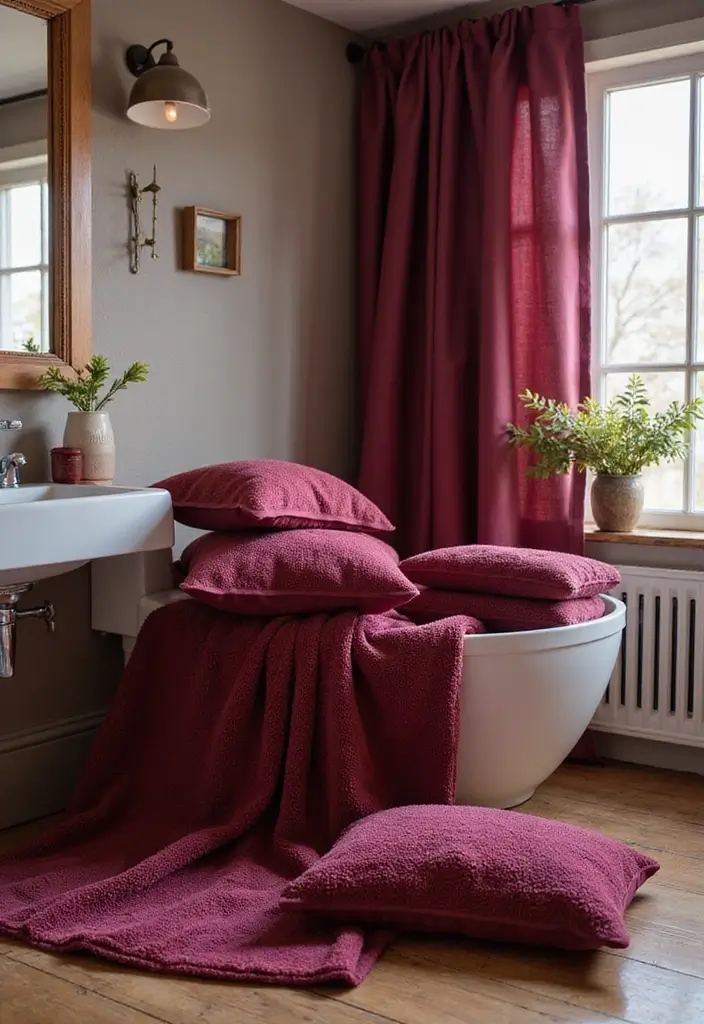 30+ Burgundy Bathroom Ideas That Add Drama 16 30+ Burgundy Bathroom Ideas That Add Drama - 16. Burgundy Textiles