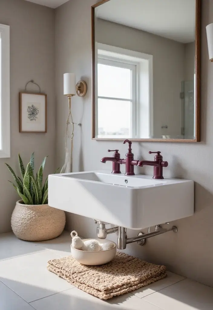 30+ Burgundy Bathroom Ideas That Add Drama 19 30+ Burgundy Bathroom Ideas That Add Drama - 19. Burgundy Faucets