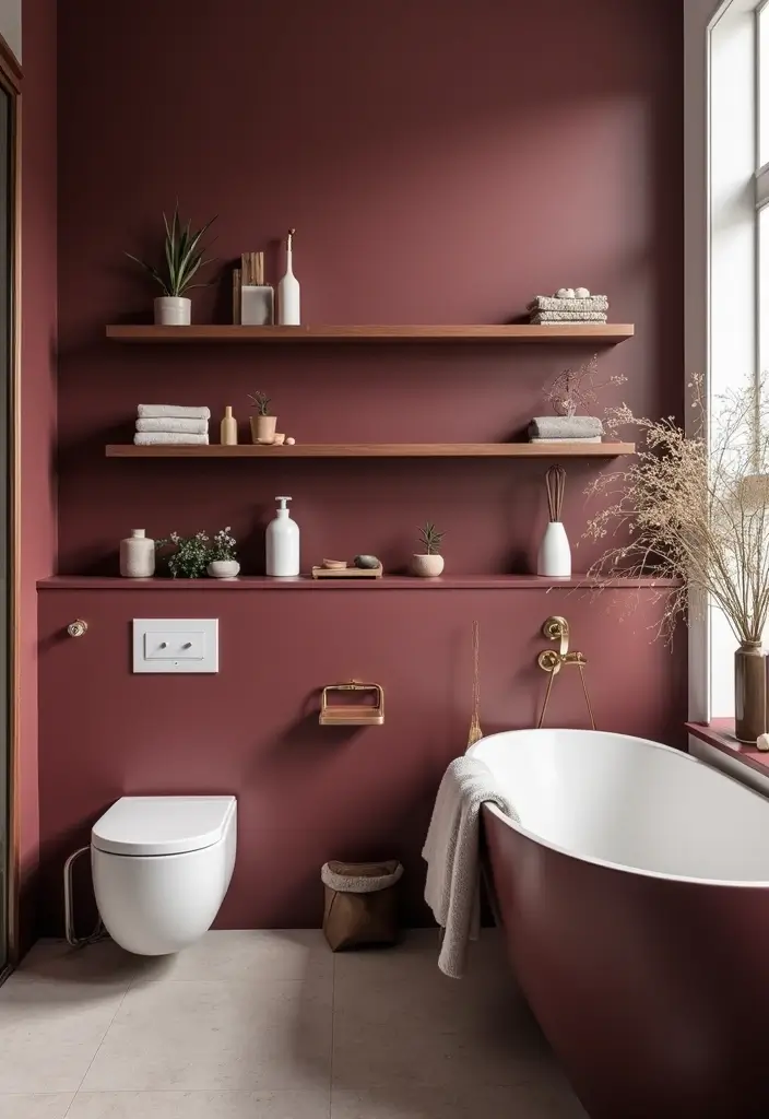 30+ Burgundy Bathroom Ideas That Add Drama 20 30+ Burgundy Bathroom Ideas That Add Drama - 20. Burgundy Wall Shelving
