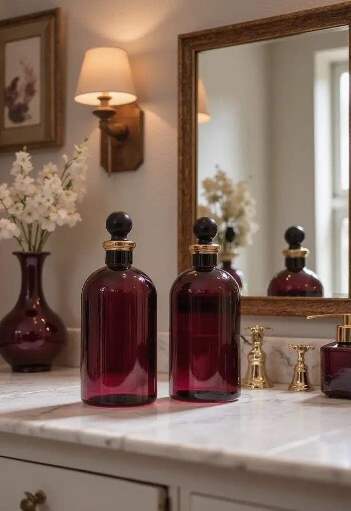 30+ Burgundy Bathroom Ideas That Add Drama 22 30+ Burgundy Bathroom Ideas That Add Drama - 22. Burgundy Perfume Bottles