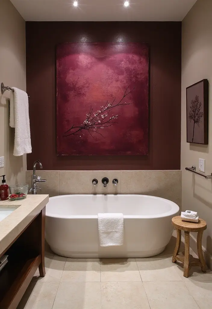 30+ Burgundy Bathroom Ideas That Add Drama 23 30+ Burgundy Bathroom Ideas That Add Drama - 23. Burgundy Wall Art