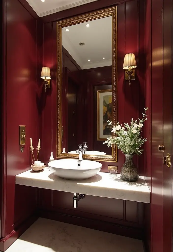 30+ Burgundy Bathroom Ideas That Add Drama 26 30+ Burgundy Bathroom Ideas That Add Drama - 26. Burgundy Framed Mirrors