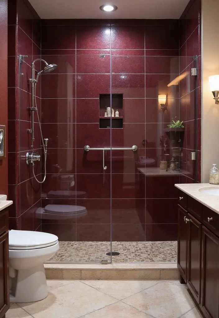 30+ Burgundy Bathroom Ideas That Add Drama 29 30+ Burgundy Bathroom Ideas That Add Drama - 29. Burgundy Shower Tiles