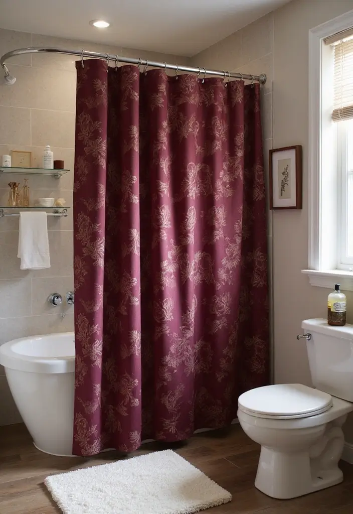 30+ Burgundy Bathroom Ideas That Add Drama 3 30+ Burgundy Bathroom Ideas That Add Drama - 3. Burgundy Shower Curtains