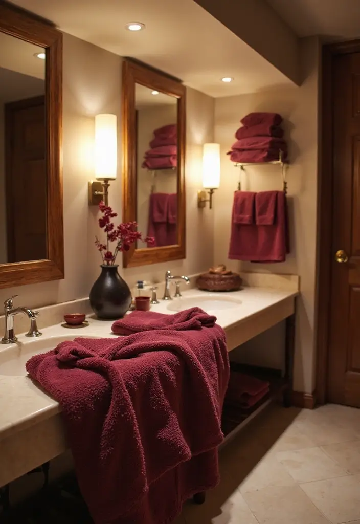 30+ Burgundy Bathroom Ideas That Add Drama 5 30+ Burgundy Bathroom Ideas That Add Drama - 5. Burgundy Towels and Linens