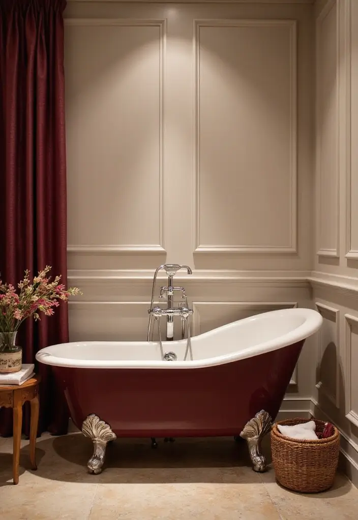 30+ Burgundy Bathroom Ideas That Add Drama 7 30+ Burgundy Bathroom Ideas That Add Drama - 7. Burgundy Bathtub Accessories