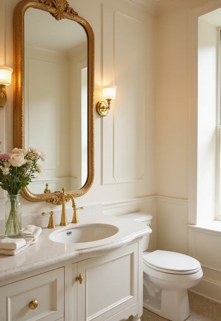 30+ Cream Bathroom Ideas That Feel Soft and Elegant - 1. Elegant Cream and Gold Accents