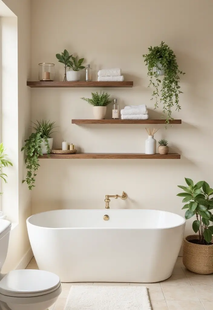 30+ Cream Bathroom Ideas That Feel Soft and Elegant - 15. Cream Floating Shelves