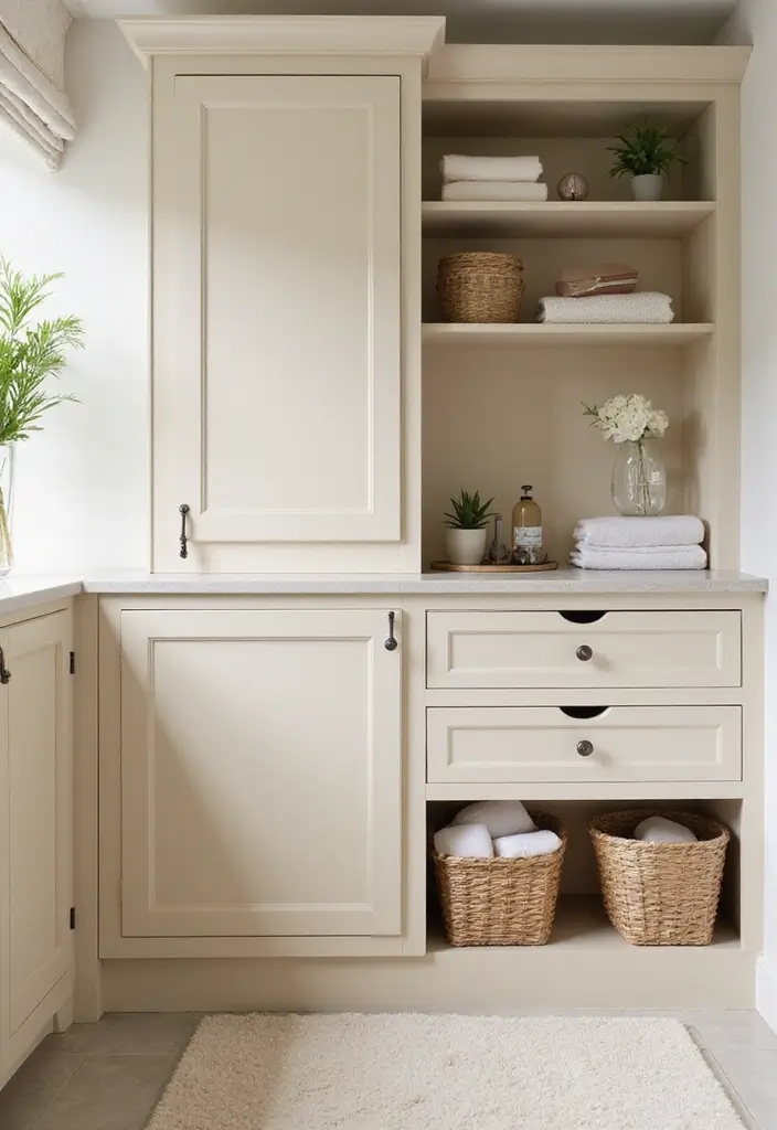 30+ Cream Bathroom Ideas That Feel Soft and Elegant - 22. Cream Storage Solutions