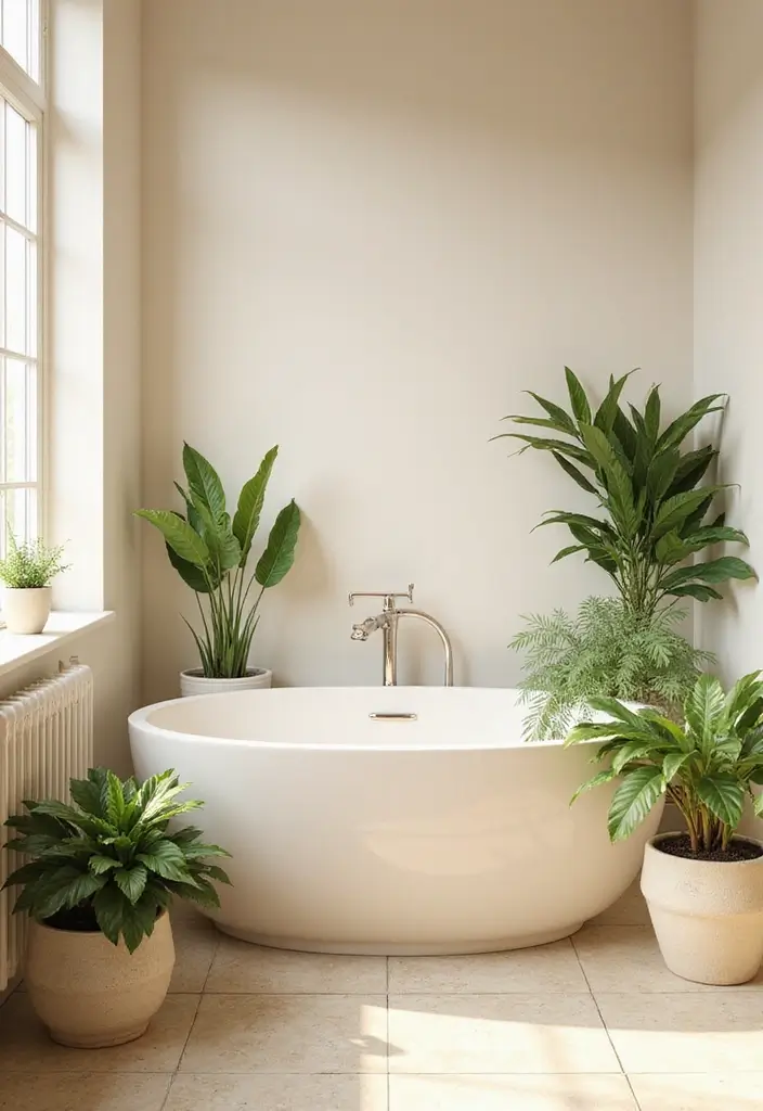 30+ Cream Bathroom Ideas That Feel Soft and Elegant - 25. Cream Plant Accents
