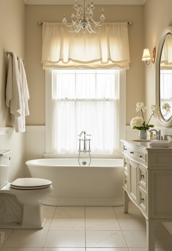 30+ Cream Bathroom Ideas That Feel Soft and Elegant - 26. Cream Window Treatments
