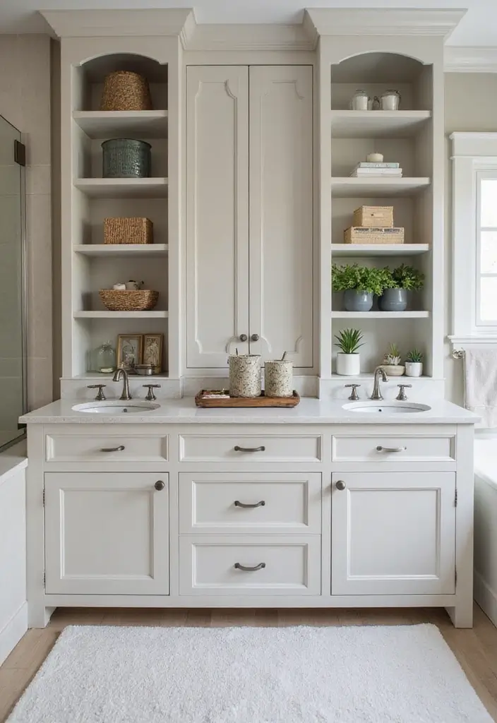 30+ Double Vanity Bathroom Ideas That Are Both Practical and Chic - 14. Open Shelving for Display and Storage