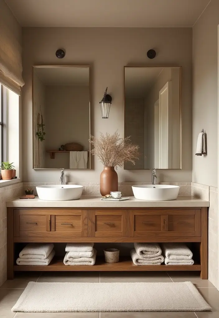30+ Double Vanity Bathroom Ideas That Are Both Practical and Chic - 25. Layered Textiles for Comfort