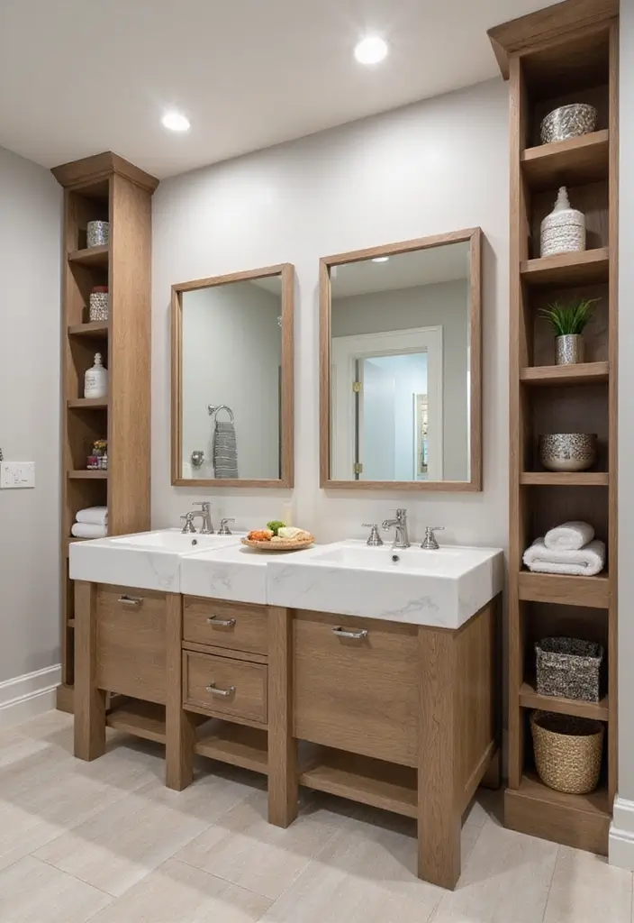 30+ Double Vanity Bathroom Ideas That Are Both Practical and Chic - 4. Smart Storage Solutions with Built-In Shelving