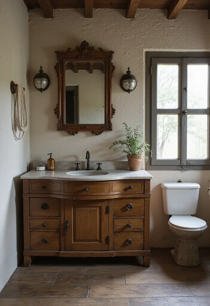 30+ Earthy Bathroom Ideas That Feel Natural and Relaxing 11 30+ Earthy Bathroom Ideas That Feel Natural and Relaxing - 11. Vintage Finds and Antiques