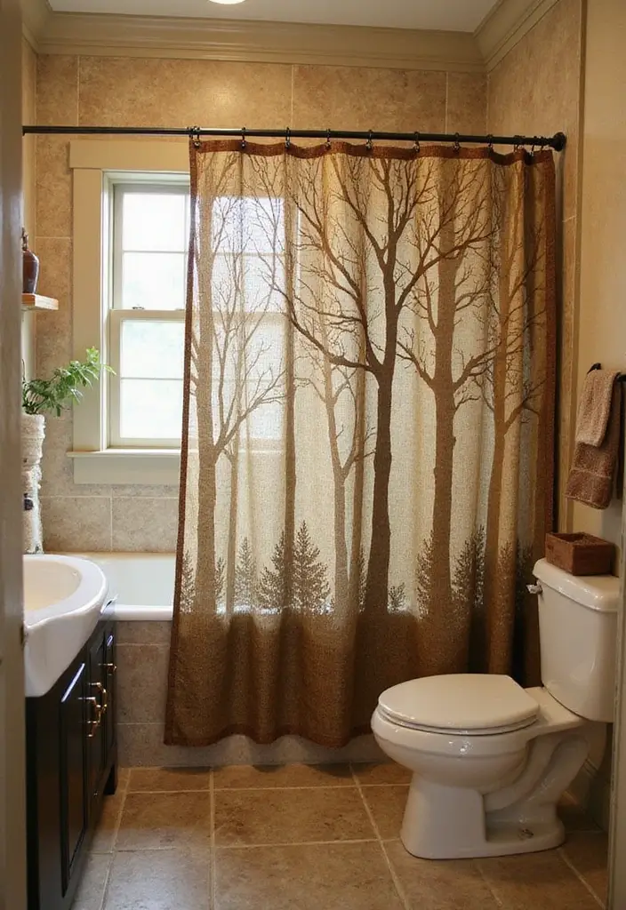 30+ Forest Bathroom Ideas That Bring Nature Indoors - 25. Natural Fiber Shower Curtains