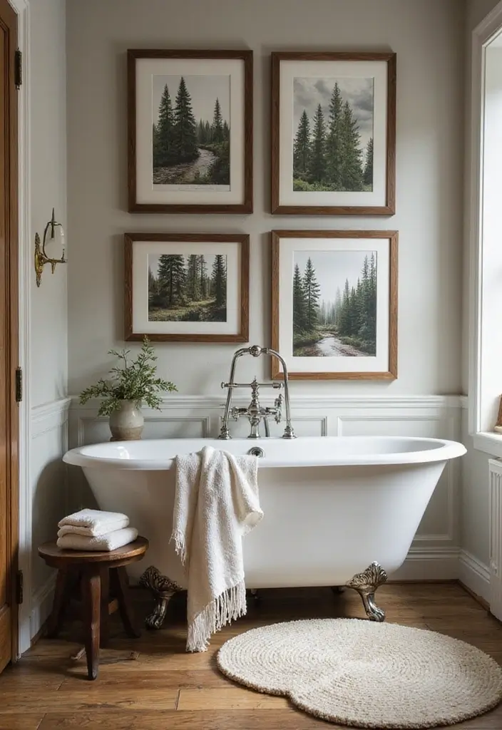 30+ Forest Bathroom Ideas That Bring Nature Indoors - 28. Woodland-Themed Art