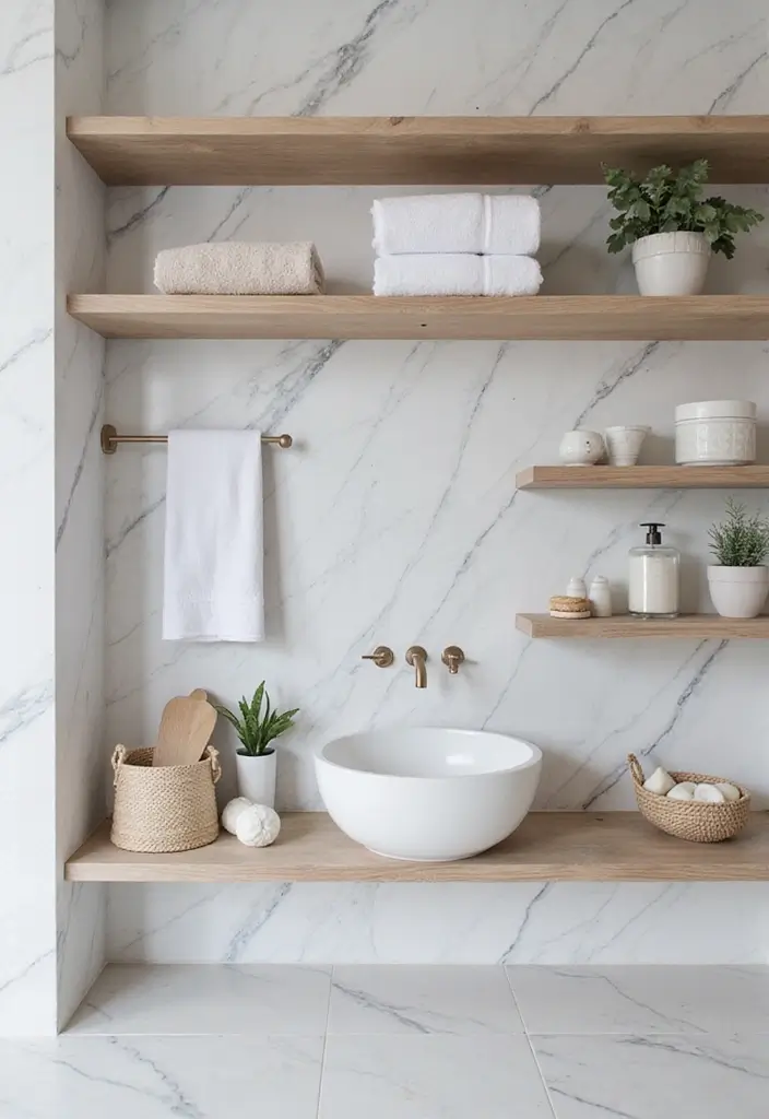 30+ Marble Tile Bathroom Ideas That Feel Luxurious 17 30+ Marble Tile Bathroom Ideas That Feel Luxurious - 17. Combining Marble with Open Shelving