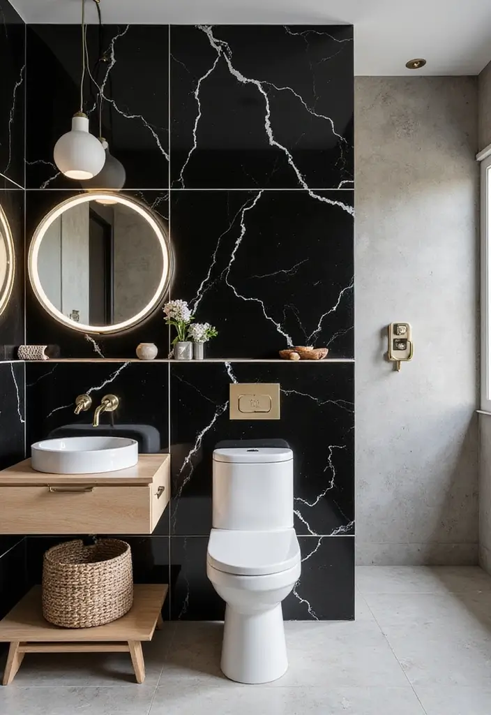 30+ Marble Tile Bathroom Ideas That Feel Luxurious 2 30+ Marble Tile Bathroom Ideas That Feel Luxurious - 2. Black Marble for a Bold Statement