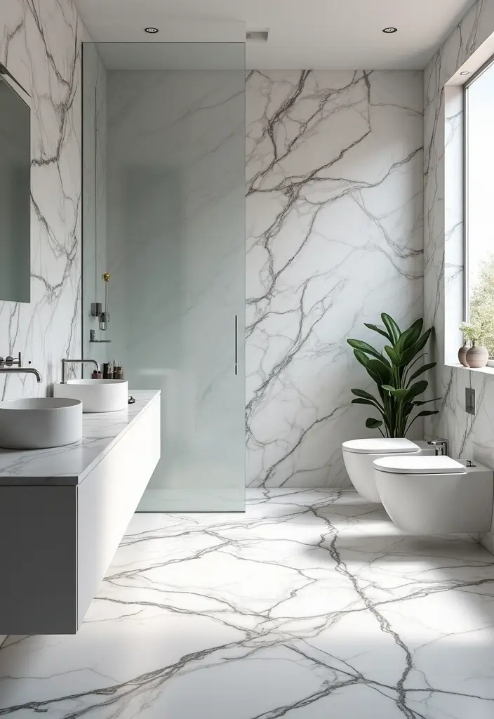 30+ Marble Tile Bathroom Ideas That Feel Luxurious 22 30+ Marble Tile Bathroom Ideas That Feel Luxurious - 22. Bright White and Striking Black Combo