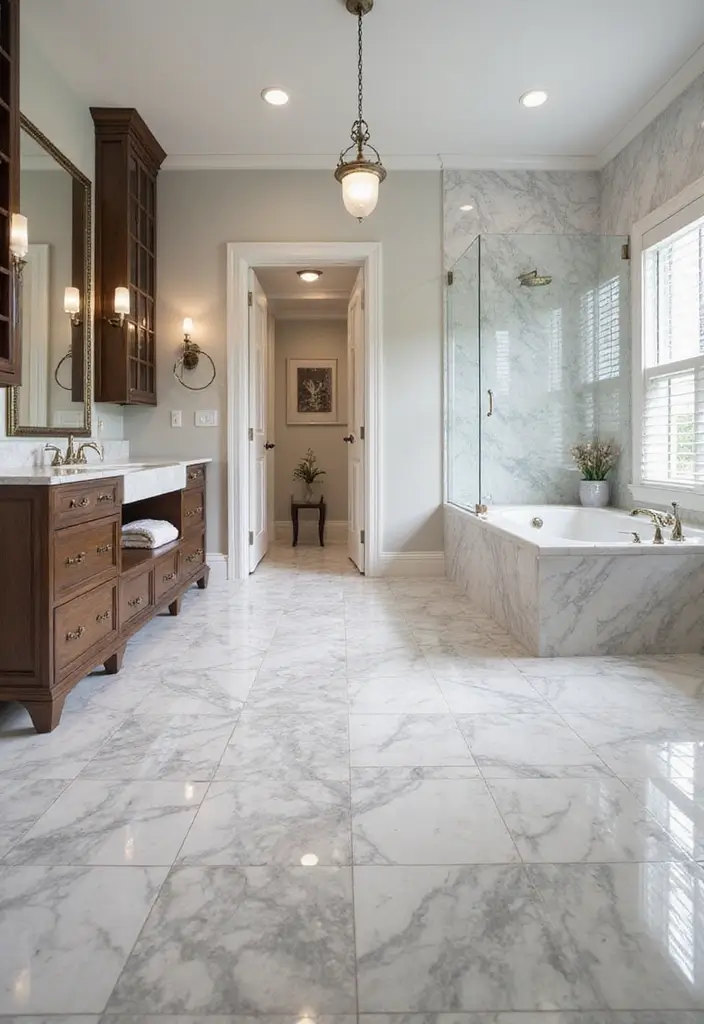 30+ Marble Tile Bathroom Ideas That Feel Luxurious 28 30+ Marble Tile Bathroom Ideas That Feel Luxurious - 28. Marble Transitioning Floors