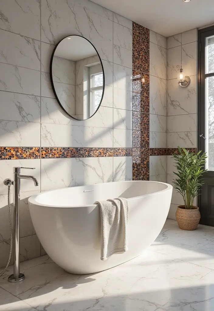 30+ Marble Tile Bathroom Ideas That Feel Luxurious 4 30+ Marble Tile Bathroom Ideas That Feel Luxurious - 4. Marble and Mosaic: An Artistic Flair